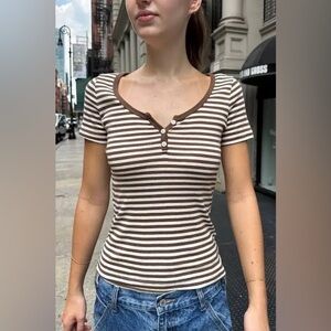 Brandy Melville Brown/White Zelly Striped Henley Top